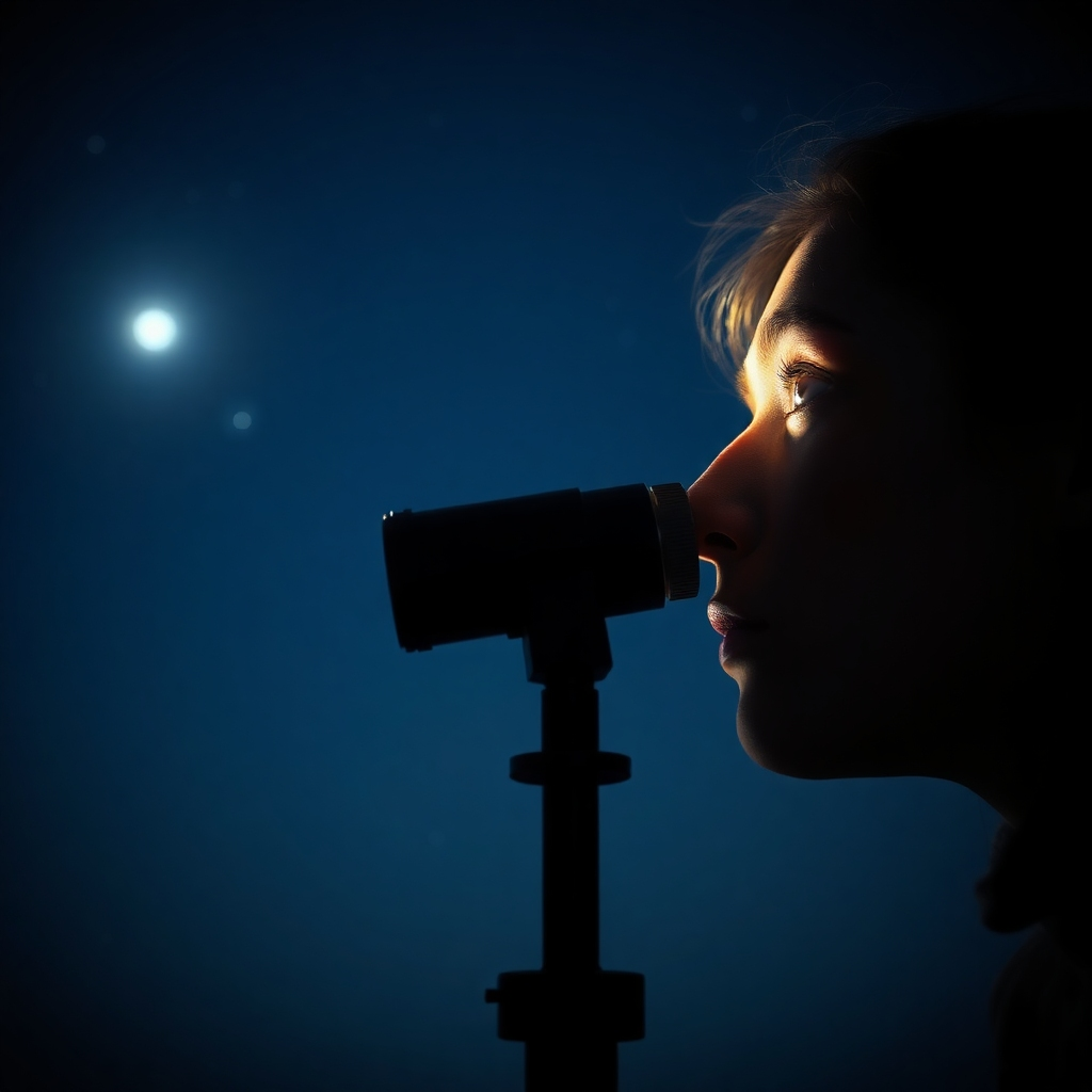 A photorealistic image of a person looking through a telescope at a distant star. The person's face is illuminated by the soft glow of the starlight. The background is a clear night sky filled with stars. The image should convey a sense of wonder, discovery, and clarity. Style: Serene and contemplative. Camera angle: medium shot, focusing on the person's face and the telescope.