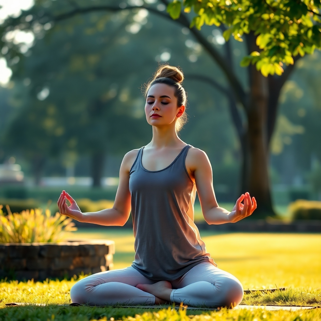 A photorealistic image of a person practicing yoga or meditation outdoors in a serene natural setting, such as a park or garden.  The scene should be bathed in soft, warm light, conveying a sense of peace and tranquility. The image should emphasize a feeling of relaxation, mindfulness, and well-being.  The person should be depicted in a relaxed yet focused posture, embodying serenity and mindfulness.