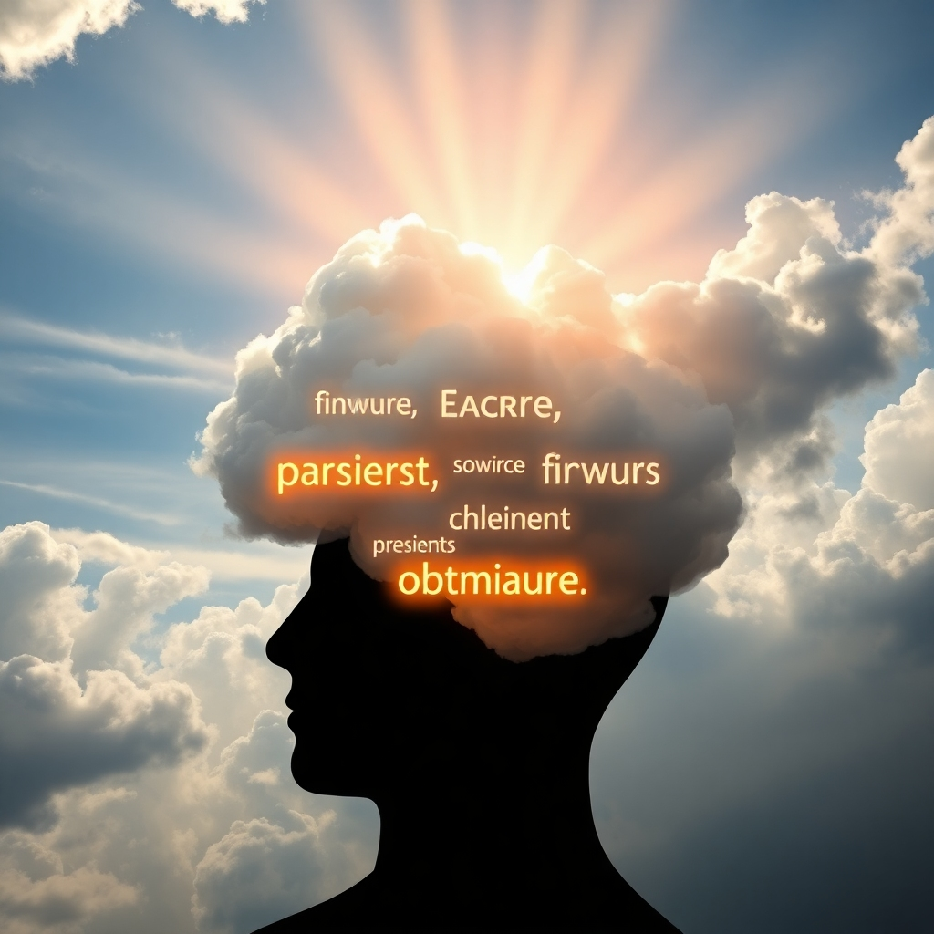 A photorealistic image of a person's mind, depicted as a cloudy, stormy sky transforming into a clear, sunny sky with rays of light, as positive affirmations (visible as glowing words) replace negative thoughts (dark, swirling clouds).