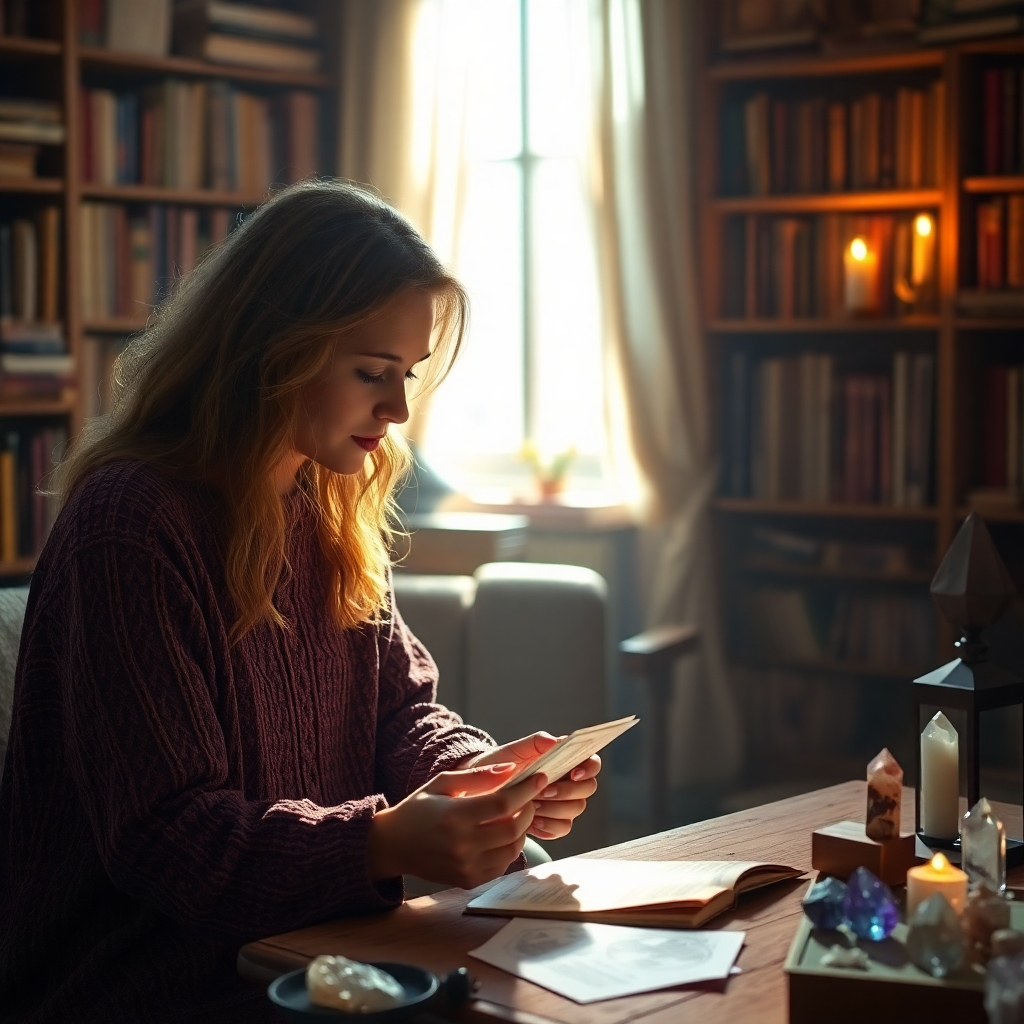 A photorealistic image of a person receiving a soul purpose reading. The reader is using tarot cards or other divination tools. Soft light illuminates the scene, creating a sense of mystery and guidance. The background is a cozy, inviting space filled with books and crystals. Use a color palette of warm browns, golds, and muted blues.
