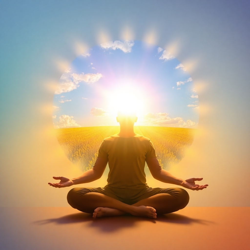 A photorealistic image of a person meditating with a clear vision of their desired future appearing in their mind's eye. The vision is a bright, vibrant scene filled with happiness and success. Use a color palette of warm, inviting colors to create a sense of possibility and optimism.