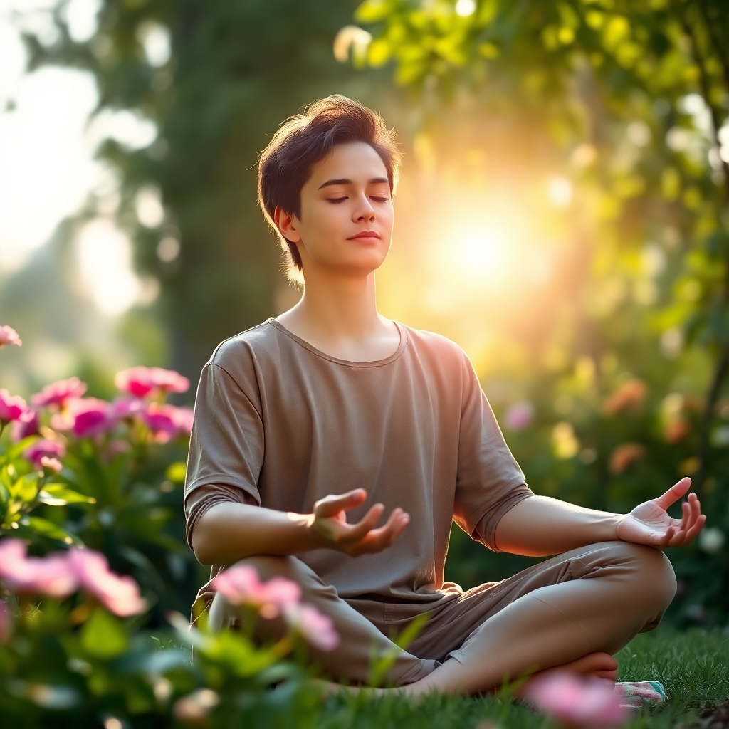 A photorealistic image of a person meditating peacefully in a sun-drenched garden, surrounded by lush greenery and blooming flowers.  Soft, natural light bathes the scene.  The person is wearing comfortable clothing and has a serene expression on their face. The background is blurry, focusing attention on the peaceful individual. High resolution, 8k quality, focus on realistic textures and lighting, slightly dreamy atmosphere.