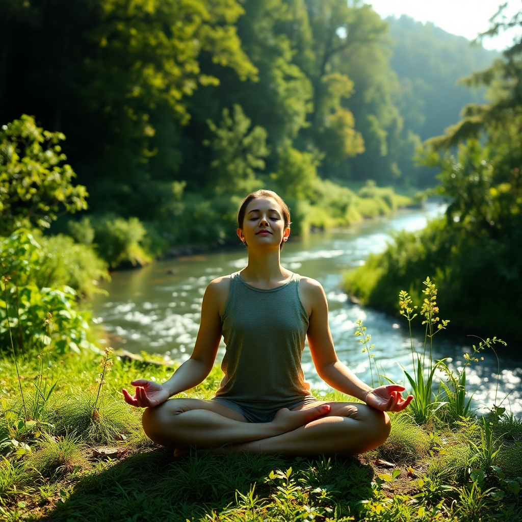 A photorealistic image of a person meditating peacefully in nature, surrounded by lush greenery and sunlight. The person should be radiating calmness and serenity.  In the background, you can have a gently flowing river or a peaceful forest. The overall mood should be one of tranquil well-being and inner peace, reflecting a positive and balanced state of mind.