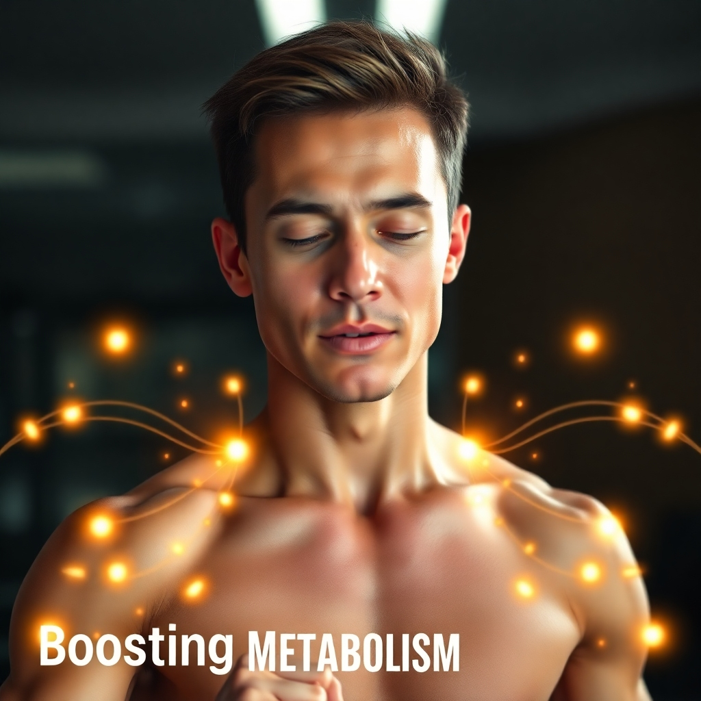 A photorealistic image of a person with a healthy, glowing complexion, engaged in a dynamic workout, overlaid with subtle, glowing Solfeggio frequency visualizations, and text that says 'Boosting Metabolism'