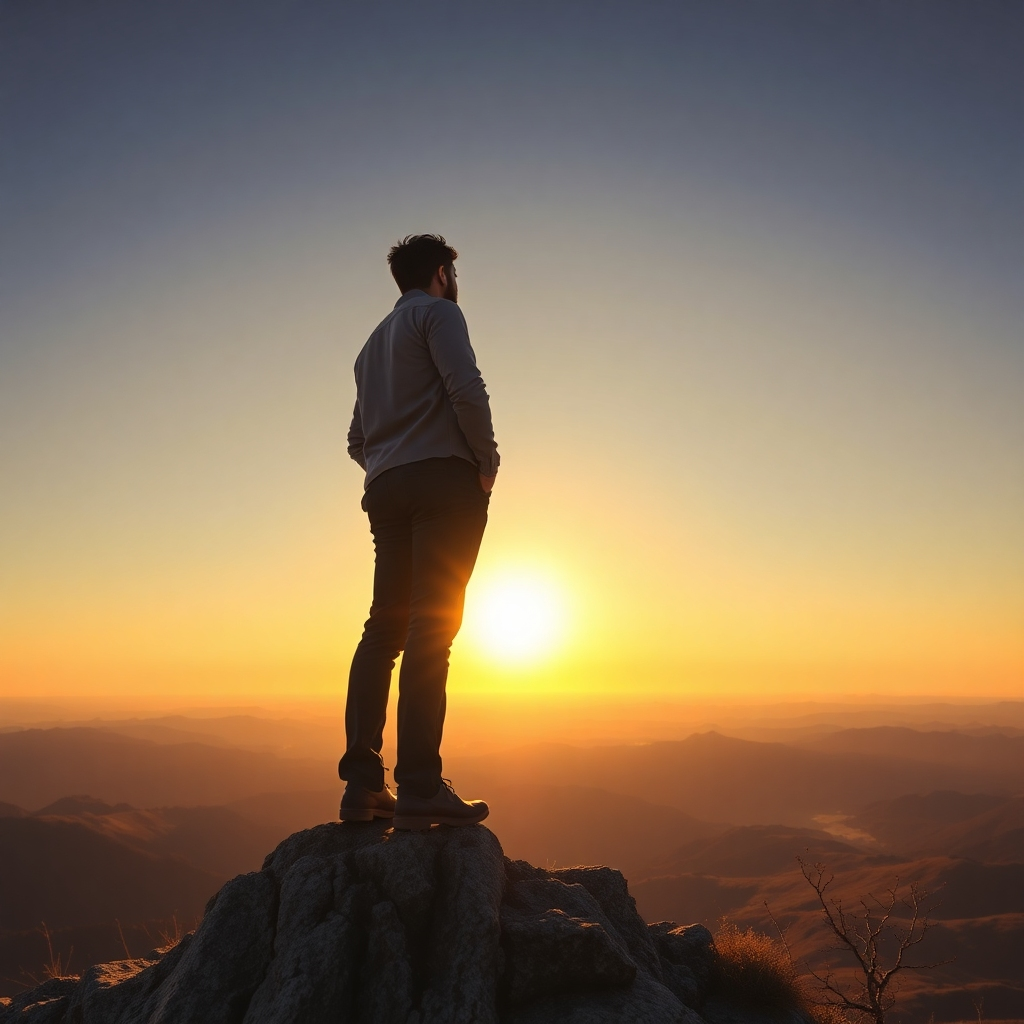 A photorealistic image of a person standing tall and confident on a mountaintop, overlooking a vast landscape. The sun is rising in the background, casting a warm glow. The person is wearing professional attire, symbolizing their readiness for a remote career. The color palette is warm and inspiring, using tones of orange, yellow, and gold. The camera angle is low, emphasizing the person's strength and confidence. Style: Empowering and aspirational.