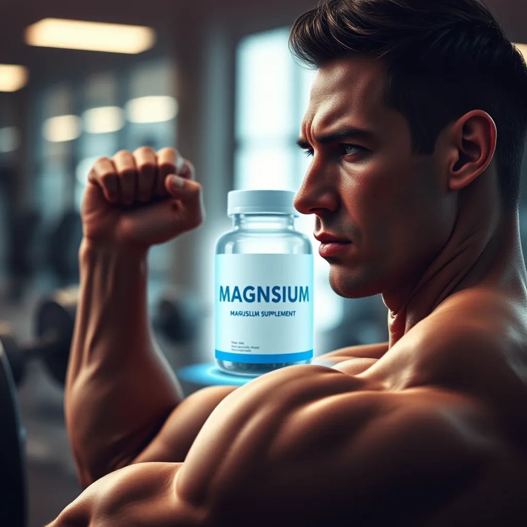 A photorealistic image of a person doing a weightlifting exercise at a gym, with a close-up on their muscles, showing clear definition and strength. In the background, a bottle of magnesium supplement is visible, with a subtle glowing effect around it, symbolizing the positive impact of magnesium on muscle recovery.