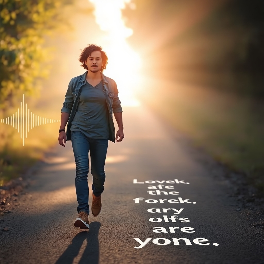 A photorealistic image of a person confidently striding forward on a path bathed in sunlight. Subtle sound wave patterns shimmer around the figure, and affirmations appear as subtle, empowering words projected onto the path ahead. The person's expression is determined and hopeful. Style: Inspirational and motivational. Technical specs: Dynamic lighting, sharp focus.