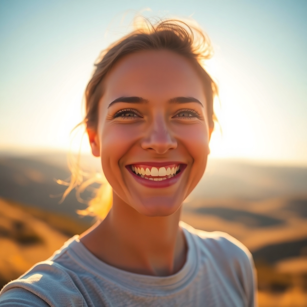 A photorealistic image of a person smiling radiantly, bathed in golden sunlight. Their eyes sparkle with joy and vitality. The background is a soft, blurred landscape of rolling hills and clear blue sky. The composition should convey a sense of optimism and self-acceptance. Warm, inviting colors, shallow depth of field.