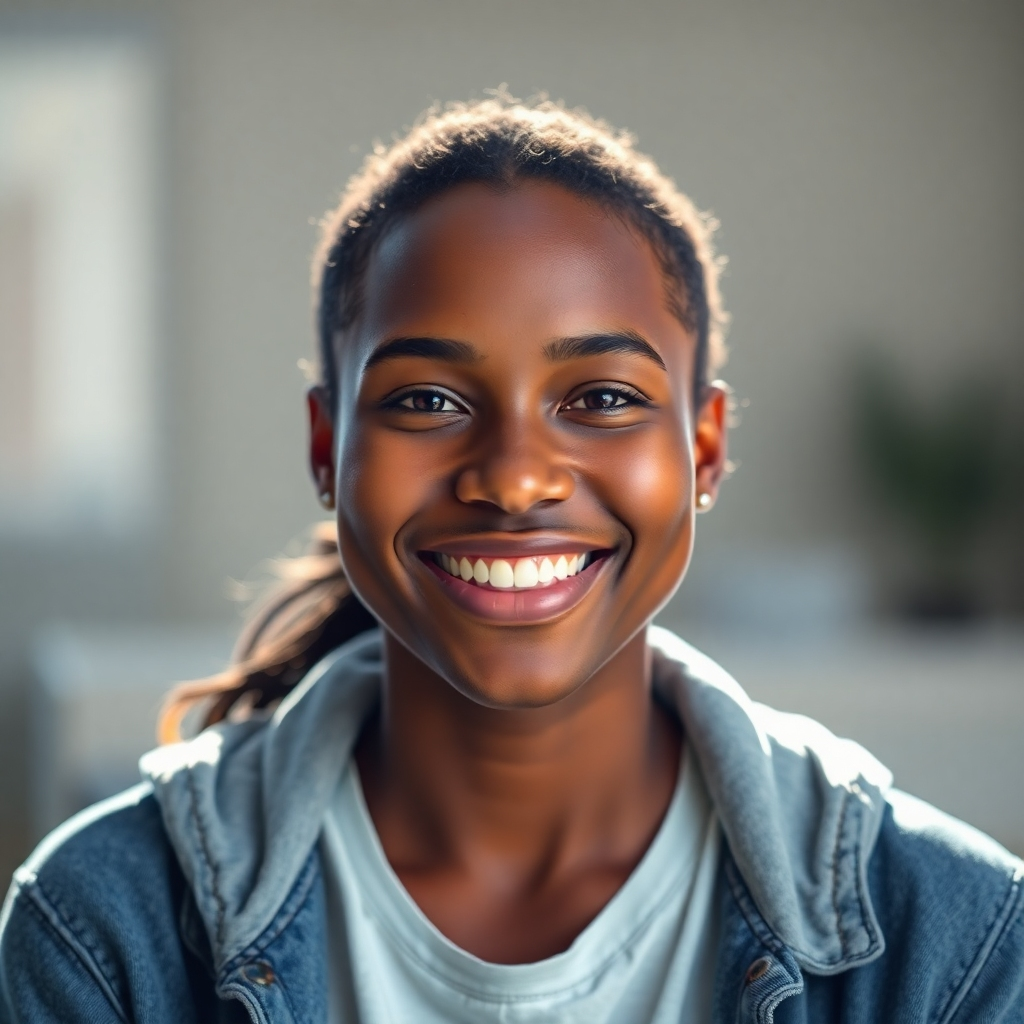 A photorealistic image of a person smiling confidently, looking directly at the camera, with a subtle, glowing aura of positivity around them.  The background should be blurred and softly lit, focusing attention on the person's radiant expression.  The image should evoke feelings of self-assurance and inner peace. The person should be diverse and wearing casual clothes in a natural-looking pose.