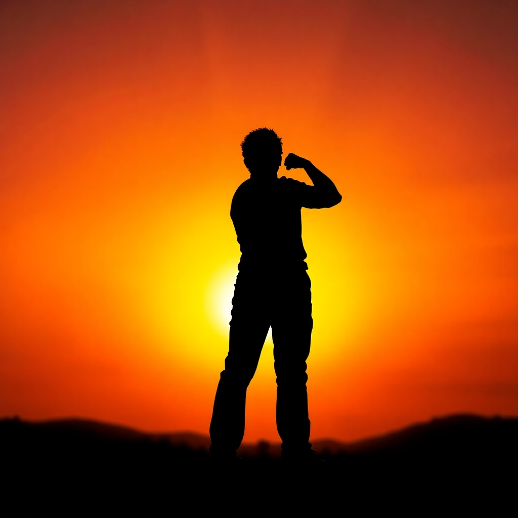 A photorealistic image of a person standing tall and confident, silhouetted against a vibrant sunrise. Their posture exudes strength and self-assurance. The color palette is warm and energetic, with oranges, yellows, and reds. The camera angle is a low-angle shot, emphasizing the person's power and presence.
