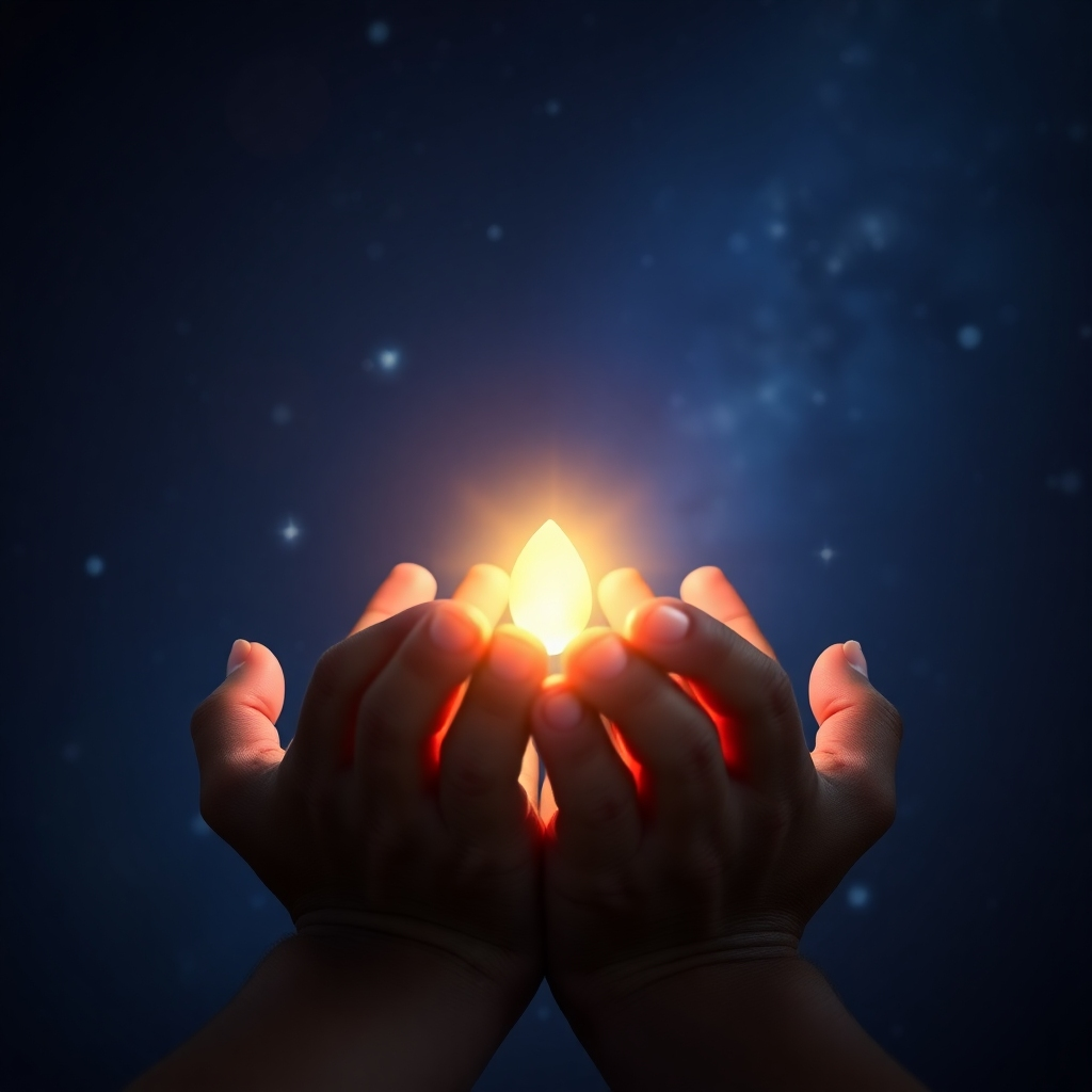A photorealistic image of a person's hands gently holding a glowing seed of light, symbolizing potential and new beginnings. The background is a dark, starlit sky, representing the vastness of the universe and the infinite possibilities that lie within. The color palette is predominantly deep blue and violet, with a warm, golden glow emanating from the seed. The camera angle is a close-up shot, emphasizing the detail and texture of the hands and the luminosity of the seed.