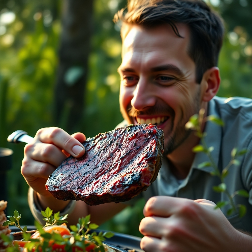 A photorealistic image of a person enjoying a juicy steak outdoors, surrounded by lush greenery.  The image should evoke feelings of freedom, connection with nature, and primal satisfaction. The lighting should be warm and inviting, with a shallow depth of field to highlight the steak and the person's contented expression.