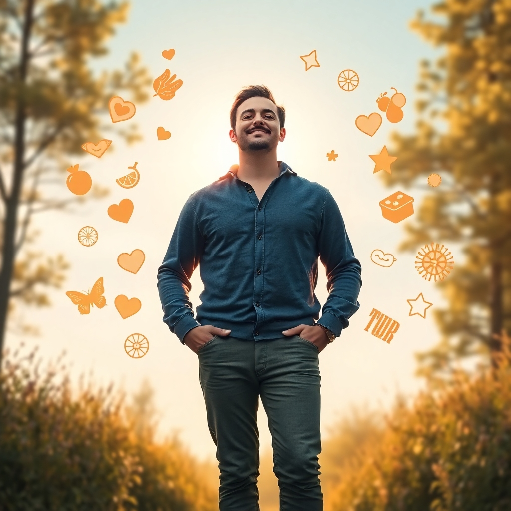 A photorealistic image of a person standing confidently in a natural setting, radiating light and energy. The person is surrounded by symbols of their passions and talents. Use a color palette of warm, inviting colors to create a sense of authenticity and joy.