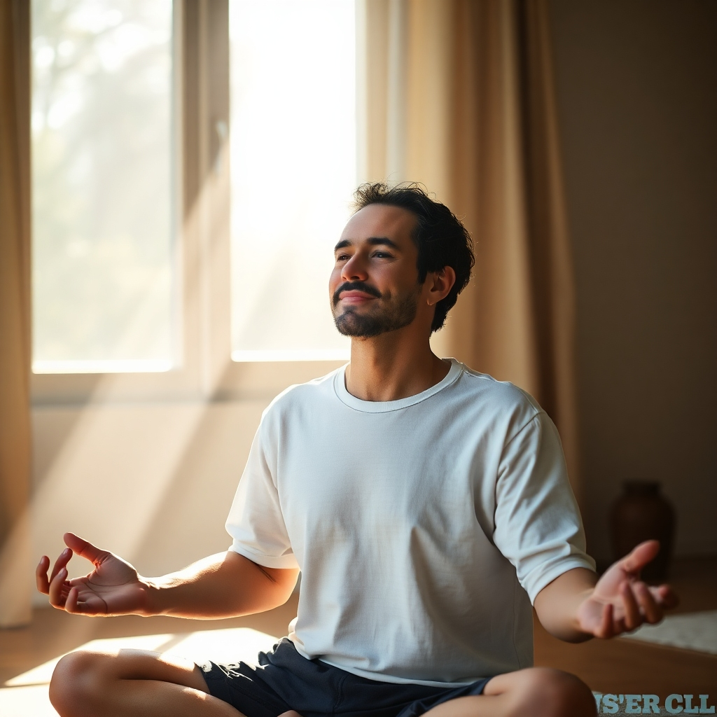 A photorealistic image of a person meditating in a serene environment, sunlight streaming through a window.  The individual has a calm expression, radiating peace and clarity.  Subtle hints of meat, such as a steak knife or a piece of cooked meat, are subtly placed in the background to connect the image to the carnivore diet. The overall feel should be peaceful, yet energized, showing the mental benefits of this diet.