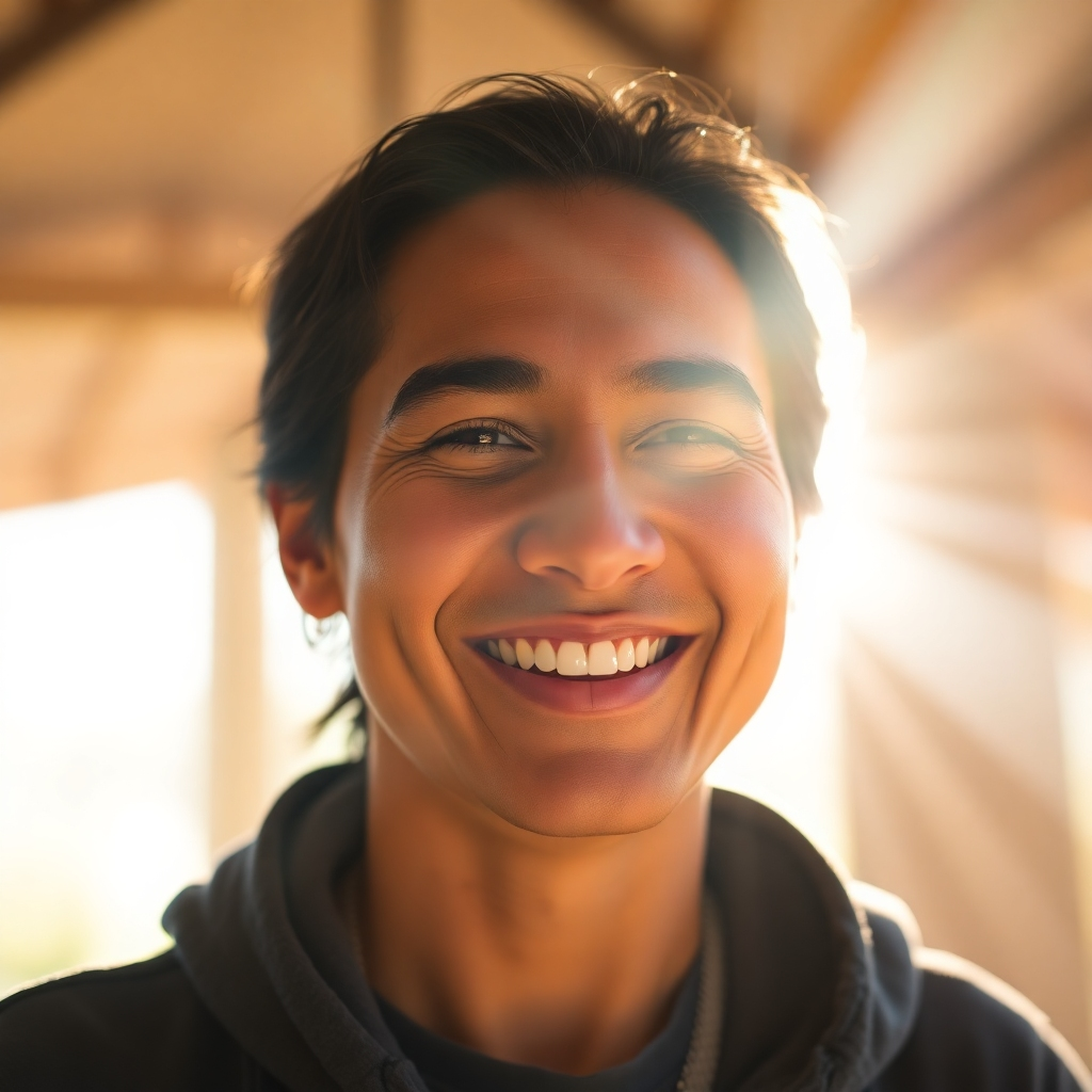 A photorealistic image of a person smiling confidently, with a bright, sunlit background.  Light rays should be subtly visible, symbolizing positivity and inner radiance. The person's expression should convey self-assurance and peace. Add a subtle, glowing aura around the person.