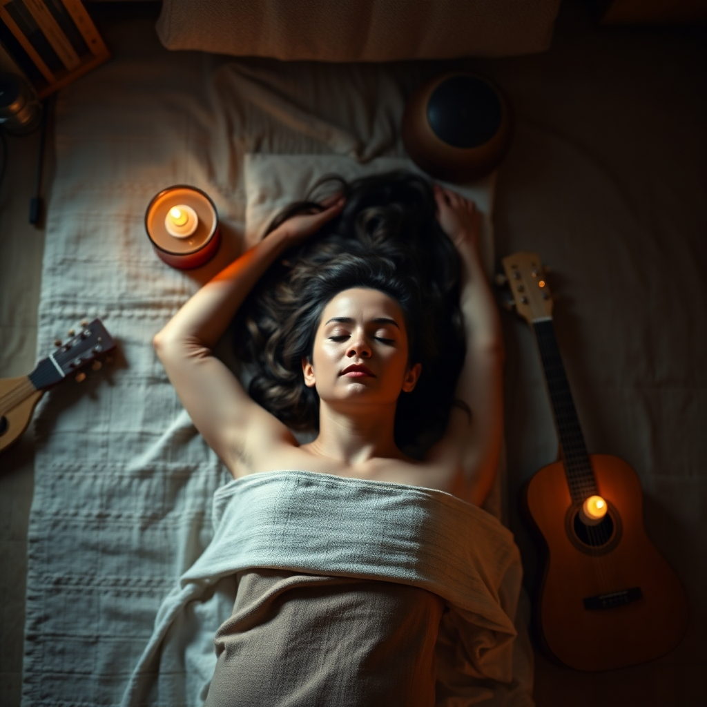 A photorealistic image of a person lying down in a comfortable space, surrounded by sound healing instruments. The light is dim and calming, creating a sense of relaxation and peace. The camera angle is an overhead shot, capturing the entire scene.