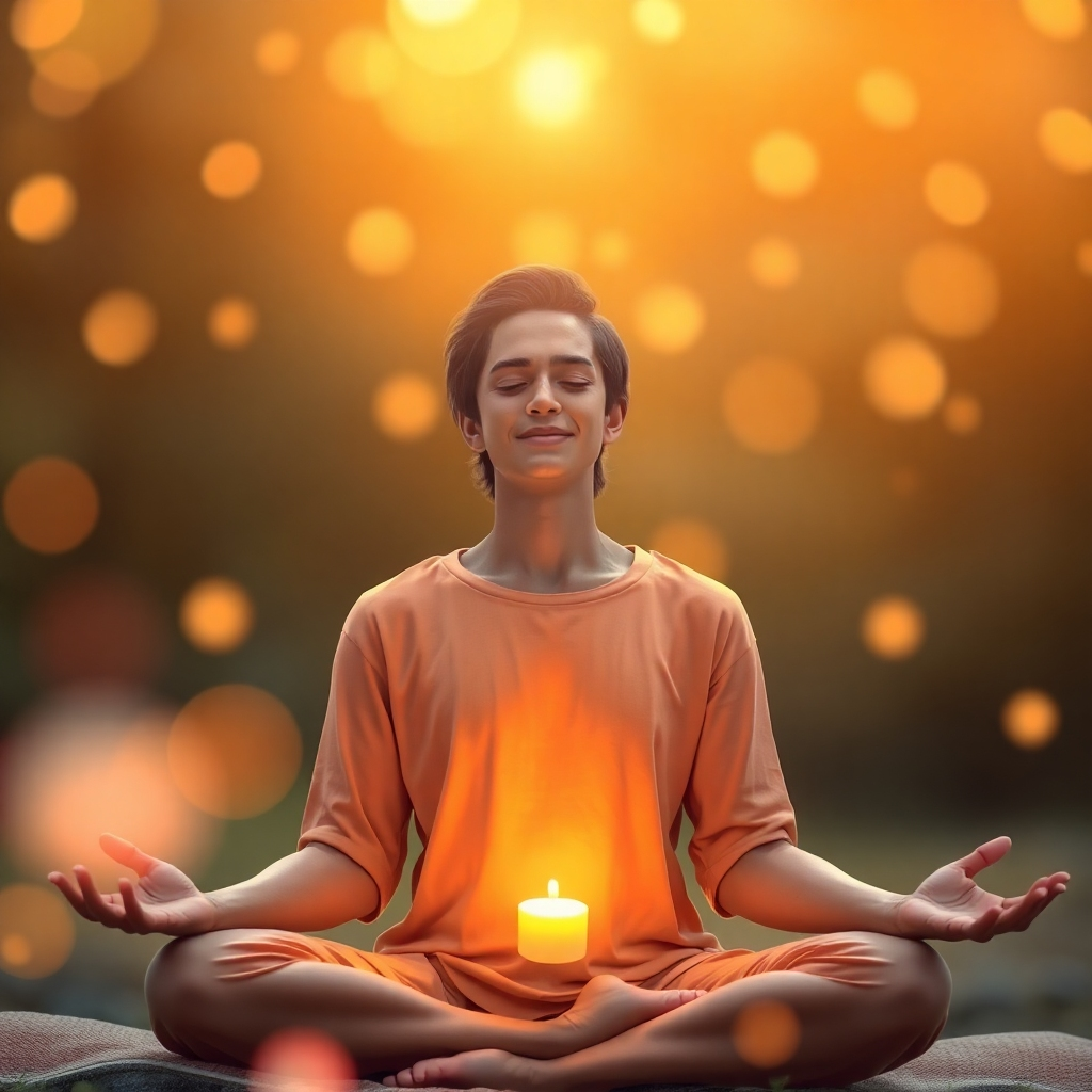 A photorealistic image of a person meditating in a tranquil setting, surrounded by glowing orbs of positive energy. The color palette is warm and inviting, with golds and oranges. The person is smiling and peaceful. The background is blurred, emphasizing the person's inner peace. 4k resolution, high quality.
