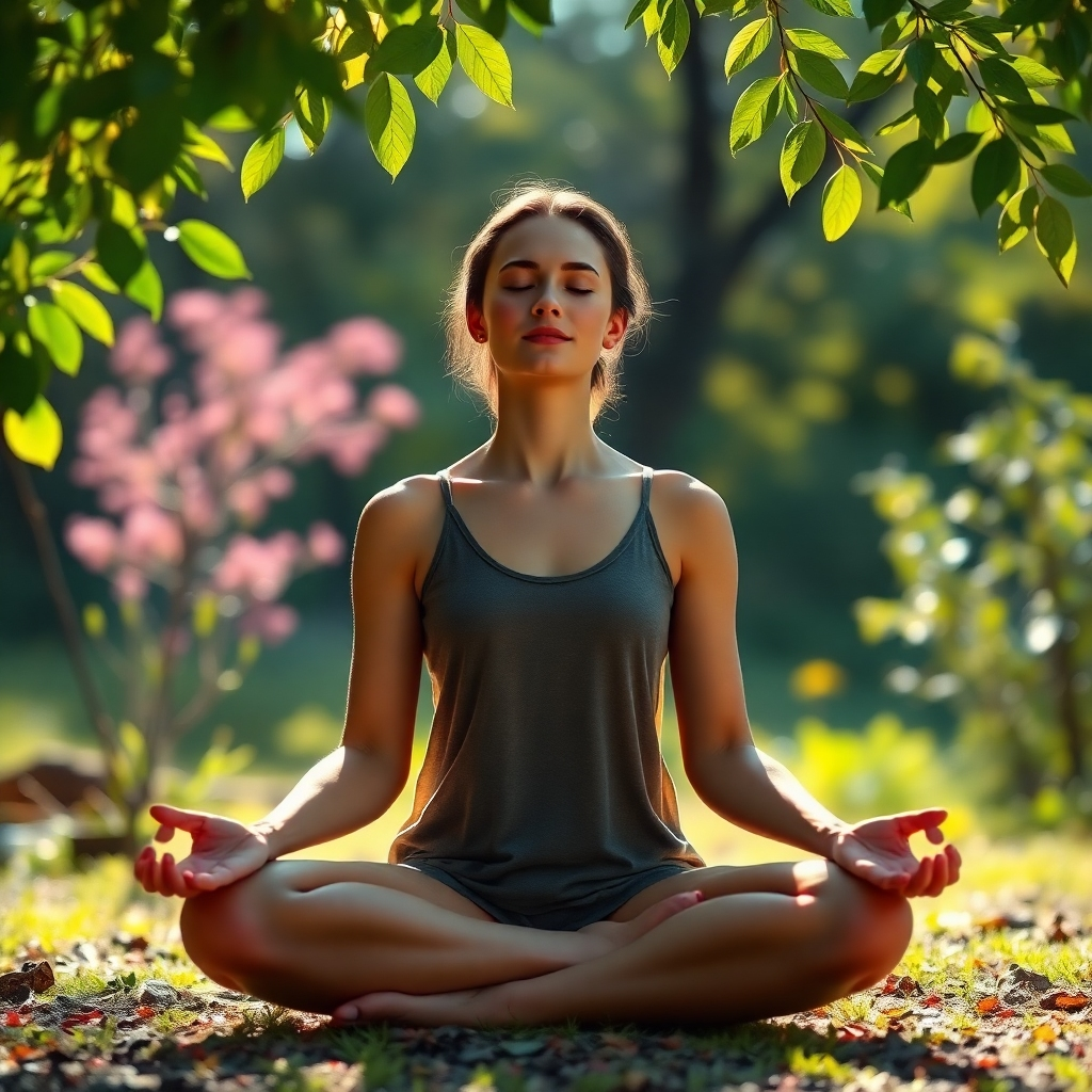 A photorealistic image of a person meditating outdoors in a tranquil natural setting. Sunlight filters through leaves onto the person, who is sitting cross-legged with their eyes closed, hands resting on their knees.  Their expression is peaceful and serene. The surrounding nature is vibrant and peaceful, with soft colors and a sense of calm.