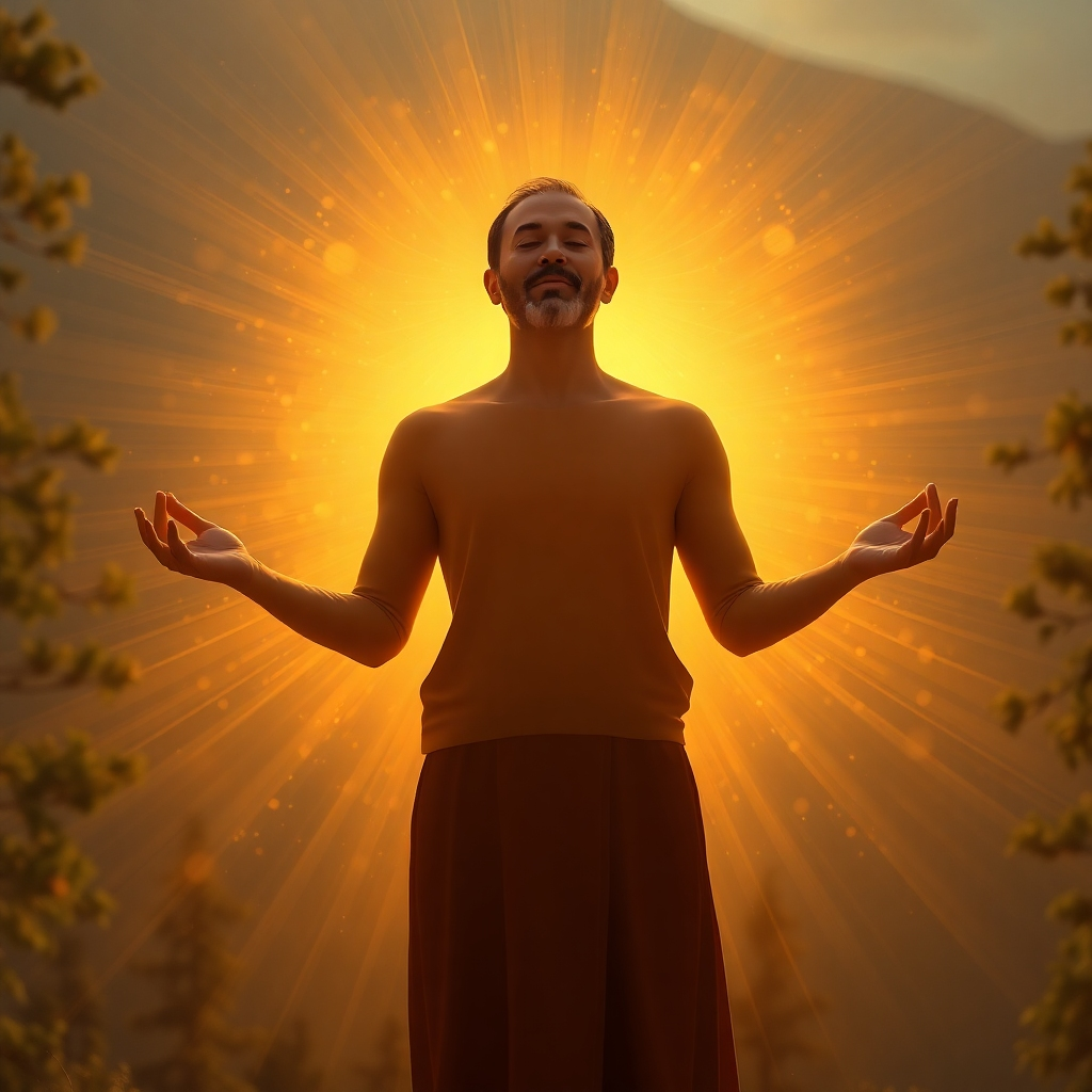 A photorealistic image of a person standing in a meditative pose, radiating a golden light. The light emanates from their core, filling the surrounding space. The color palette is warm and luminous, with a focus on gold and yellow. A medium shot captures the person's peaceful expression and the radiating light. The environment is a serene natural setting, such as a forest or a mountaintop. Technical specifications: 4K resolution, hyperrealistic detail.