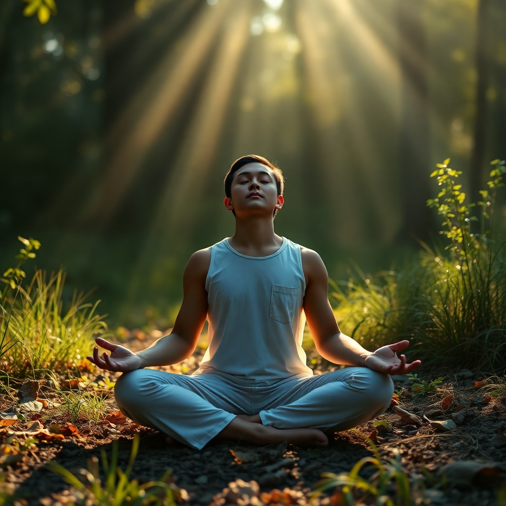 A photorealistic image of a person in nature sitting in the lotus position meditating. The person should have rays of light falling on them, in 4K resolution.
