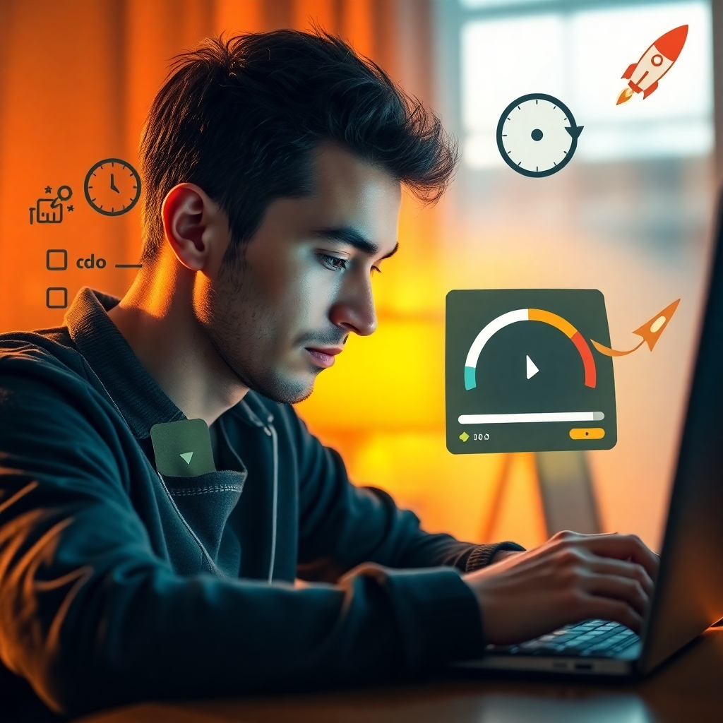 A photorealistic image of a person completely immersed in their remote work, their face radiating focus and energy. They are surrounded by visual representations of productivity and efficiency: a well-organized to-do list, a Pomodoro timer, a progress bar nearing completion. Subtle visual cues, like a fast-forward icon or a rocket launching, are incorporated to enhance the sense of accelerated productivity. The lighting should be warm and motivating, with a focus on highlighting the person's face and the surrounding elements. The color palette should be vibrant and stimulating, using a mix of oranges, yellows, and blues to create a sense of energy and excitement.