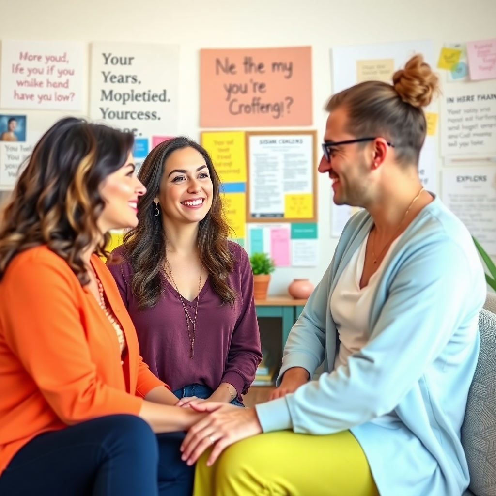 A photorealistic image of a person working with a manifestation coach. They are discussing their goals and creating a plan for success. The background is a bright, inspiring space filled with positive affirmations and vision boards. Use a color palette of bright, vibrant colors to convey a sense of possibility and empowerment.