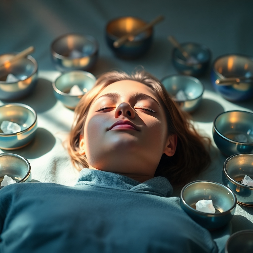 A photorealistic image of a person lying down, eyes closed, bathed in the light of various crystal singing bowls. The bowls are arranged around them, creating a harmonious and relaxing atmosphere. Soft light filters through the scene, creating a sense of peace and tranquility. Colors: Soft blues, greens, and purples. Style: Serene and calming, emphasizing relaxation and healing.