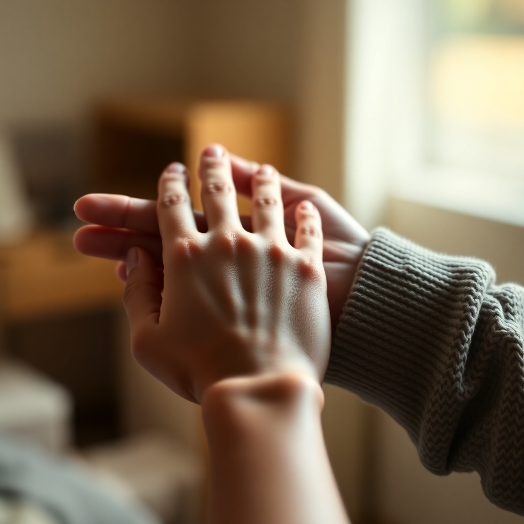A photorealistic image of a person gently holding their own hand, conveying a sense of self-comfort and compassion. The background should be softly blurred, focusing the attention on the hands.  The lighting should be warm and inviting. High detail, 8k resolution, shallow depth of field