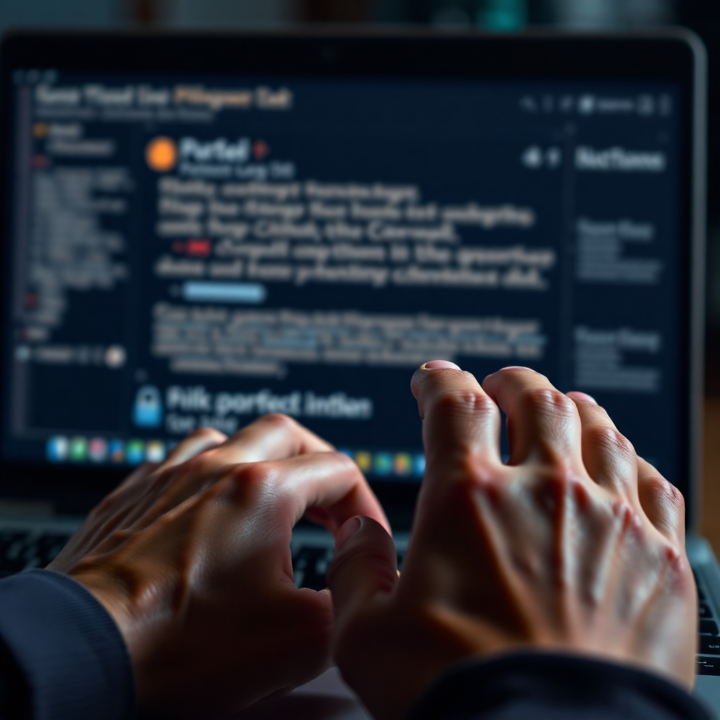 A photorealistic image of a person's hands hovering over a keyboard, with a blurred background showing a phishing email containing a malicious link, emphasizing hesitation and caution when handling sensitive information.