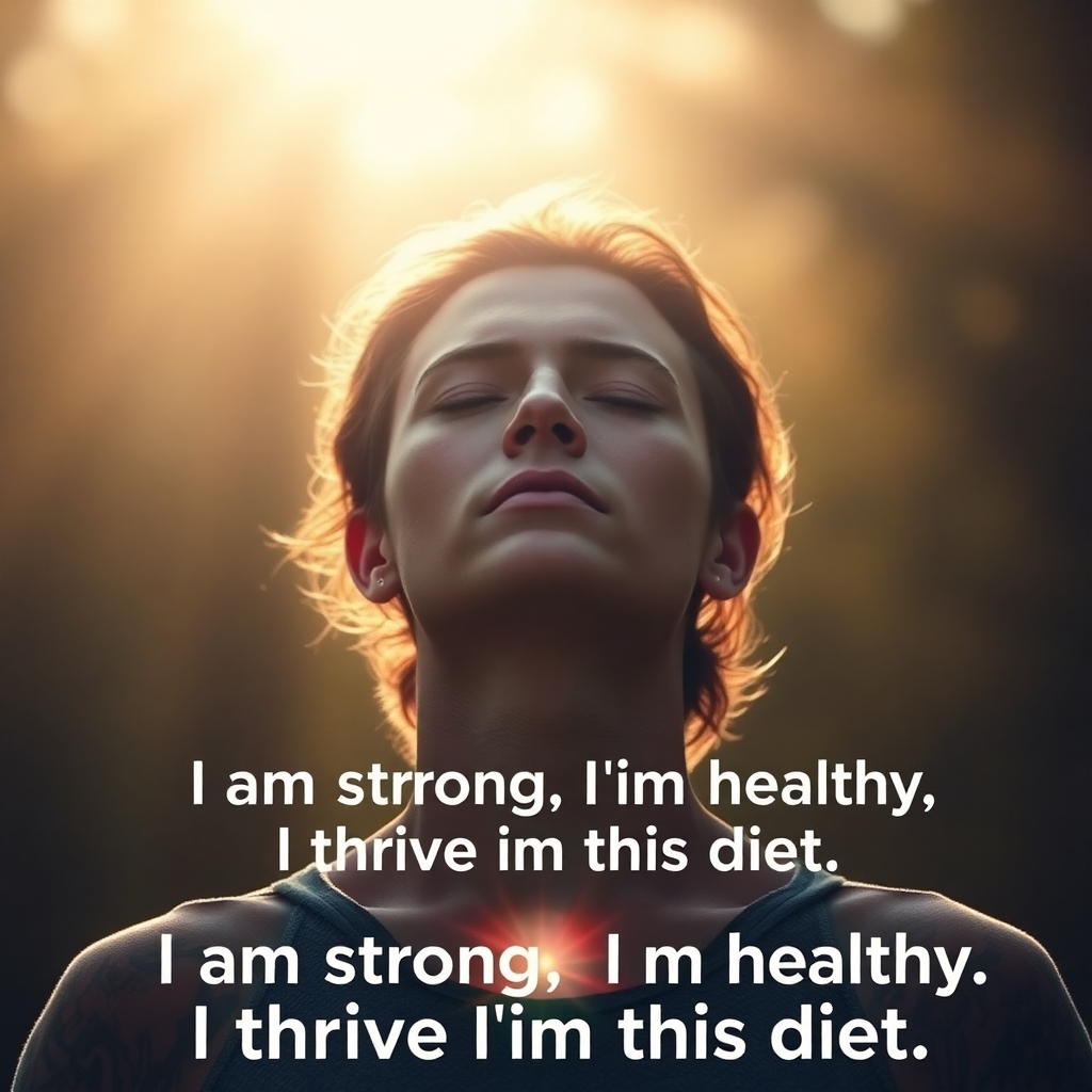 A photorealistic image of a person with determined expression, eyes closed, meditating peacefully in nature. Soft sunlight illuminates them.  Subtle, glowing energy flows around them, emanating from their heart chakra.  Text overlay: 'I am strong, I am healthy, I thrive on this diet.'