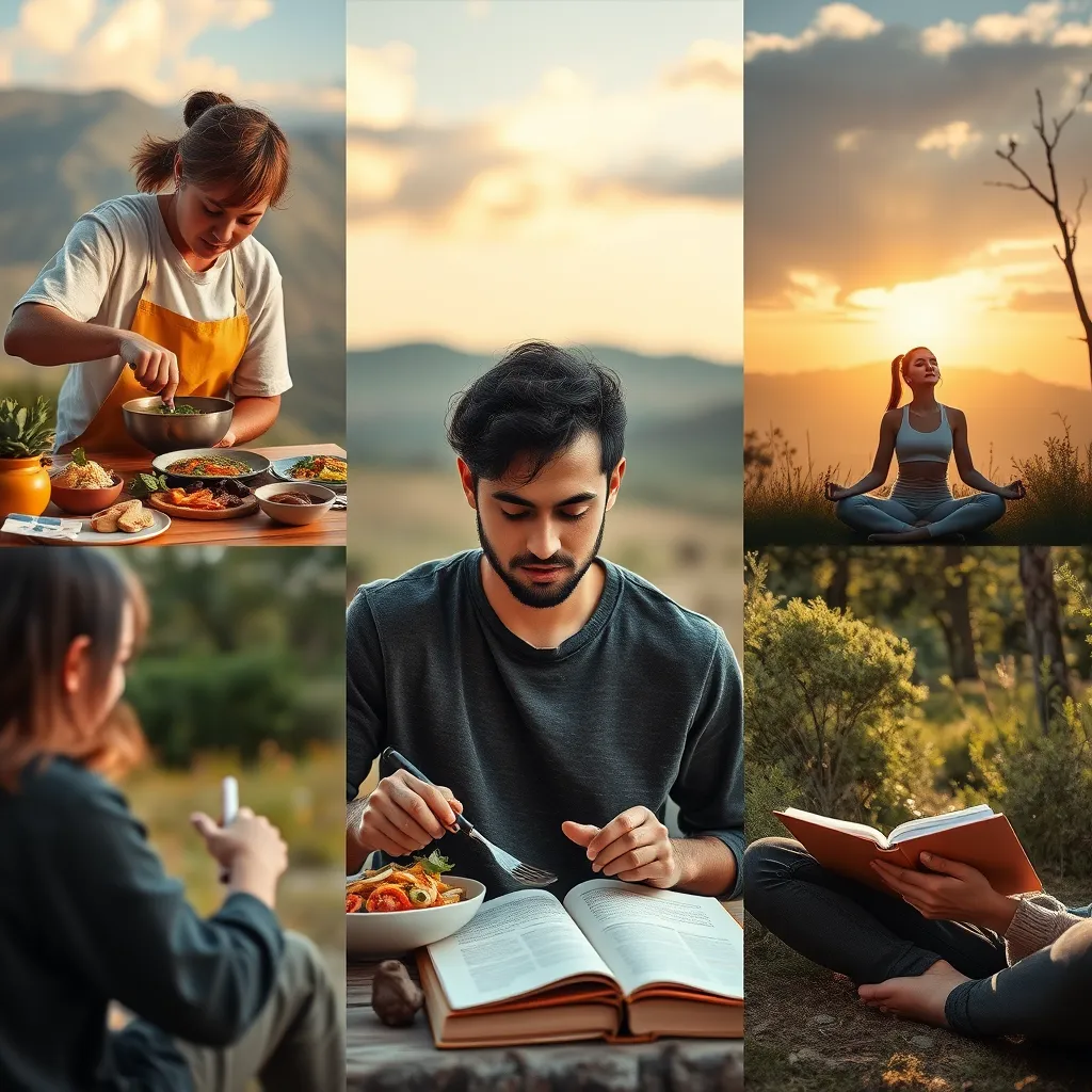 A photorealistic image of a person engaging in a variety of activities related to health and wellness, such as cooking healthy meals, exercising outdoors, meditating in nature, and journaling. The image should convey a sense of active learning and personal growth.
