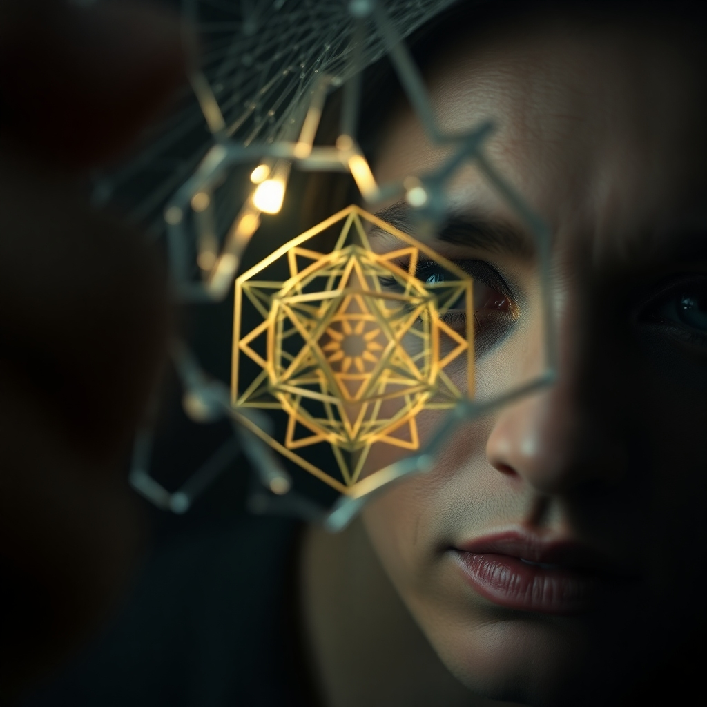 A photorealistic image of a person looking through a cracked mirror. Behind the shattered reflection, a complex geometric pattern (like Metatron's Cube) is visible, glowing with a faint light. The person's expression shows curiosity and understanding. Lighting is soft and diffused, highlighting the details of the cracked glass and the geometric pattern. Color palette is muted, with subtle hints of gold and blue. Camera angle: close-up on the person's face and the reflection. Style references: surrealism with a touch of hyperrealism. Technical Specs: 4K, sharp focus.