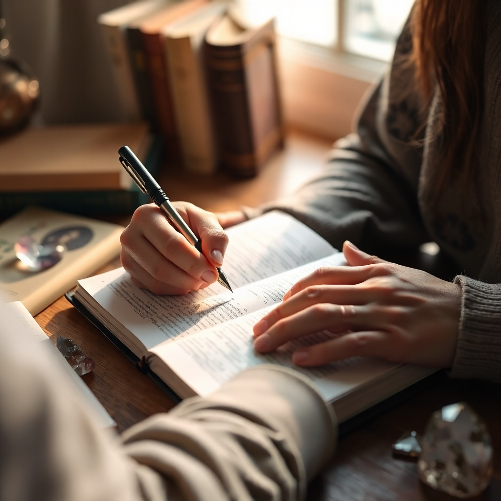 A photorealistic image of a person writing in a journal with a pen, surrounded by books and crystals. The light is soft and warm, creating a sense of focus and creativity. The camera angle is a medium shot, focusing on the person's hands and the journal.