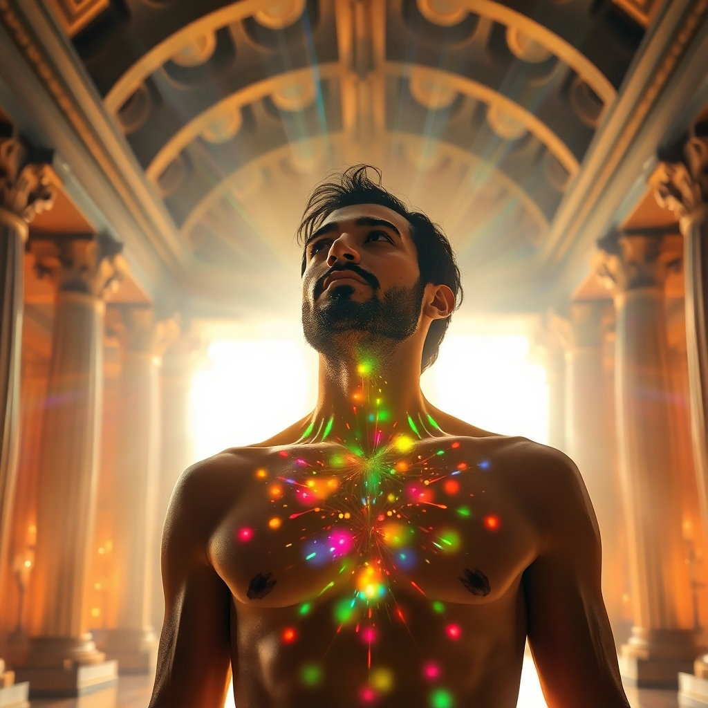 A photorealistic image of a person bathed in the light and sound waves in a temple with open ceilings, resonating through his cells. The temple is reminiscent of Solomon's temple. The sound waves are glowing through his body and are made up of the colors of the rainbow. The style should be hyper realistic and in 4K resolution.