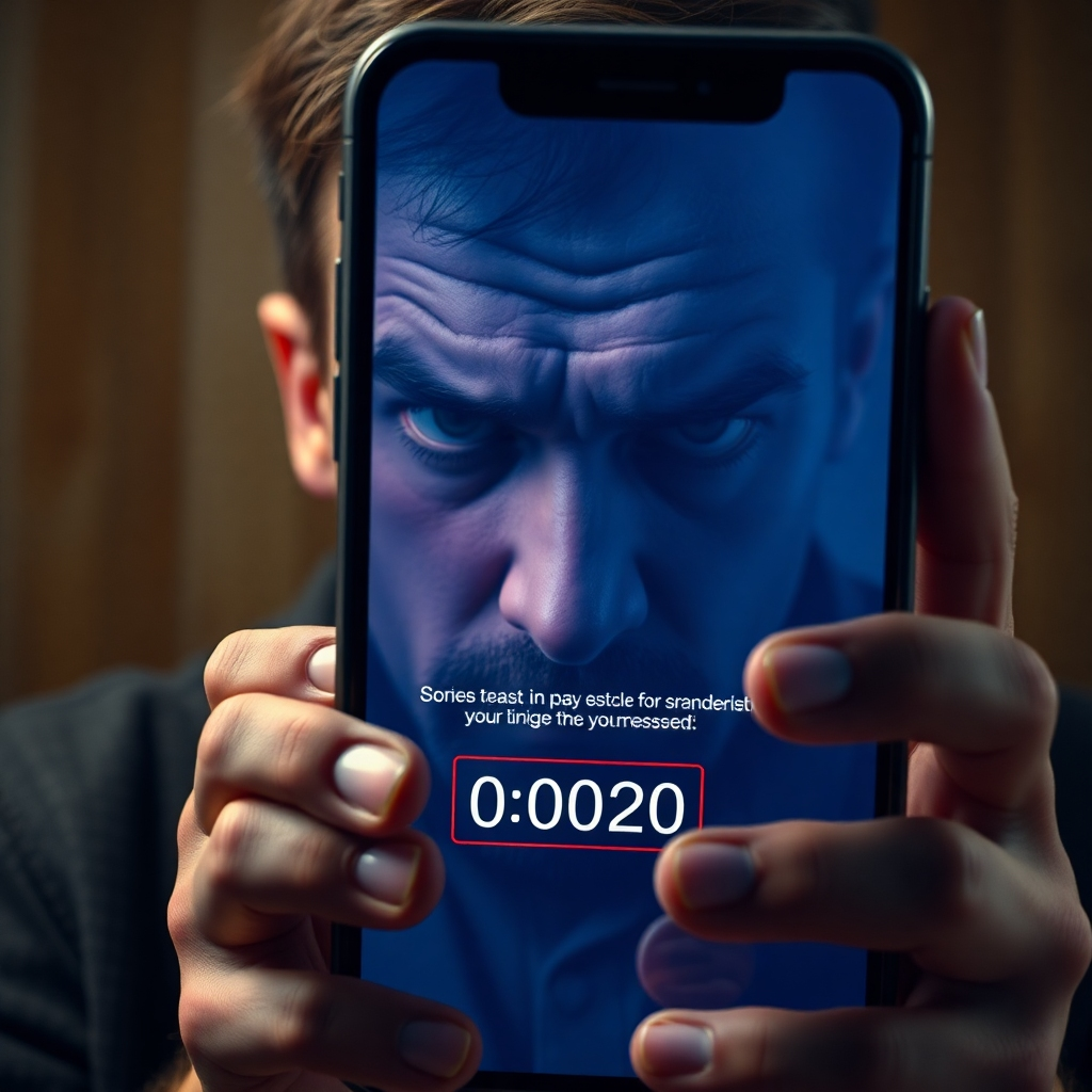 A photorealistic image of a person looking stressed and overwhelmed while a phone displays a threatening message from a scam artist with a timer counting down. The background should convey a feeling of urgency and pressure.