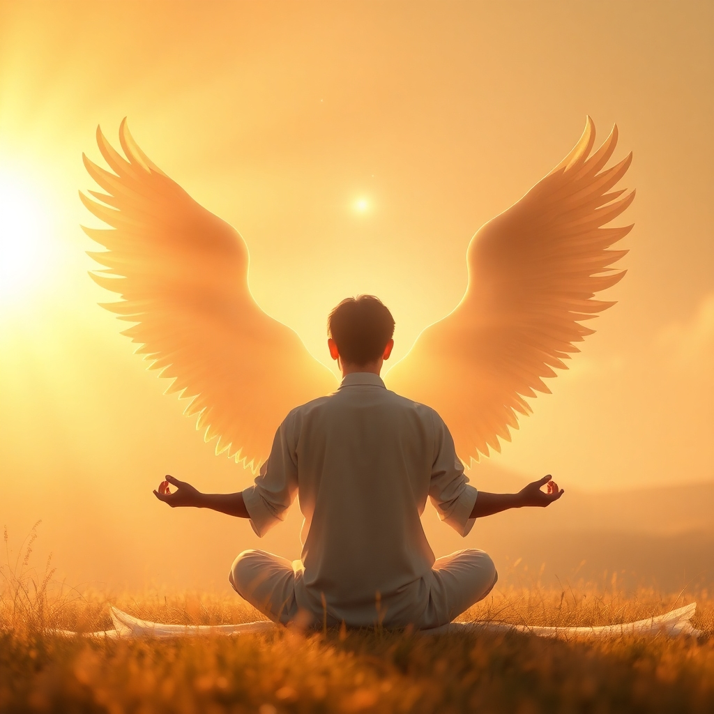 A photorealistic image of a person meditating in a peaceful environment, bathed in golden light. Subtle visual cues of angelic wings and celestial bodies can be incorporated into the background. The color palette is warm and inviting, creating a sense of connection and transcendence. Style reference: realistic photography with a touch of fantasy. Technical specs: 4K resolution, high-quality rendering with detailed textures and realistic lighting effects.