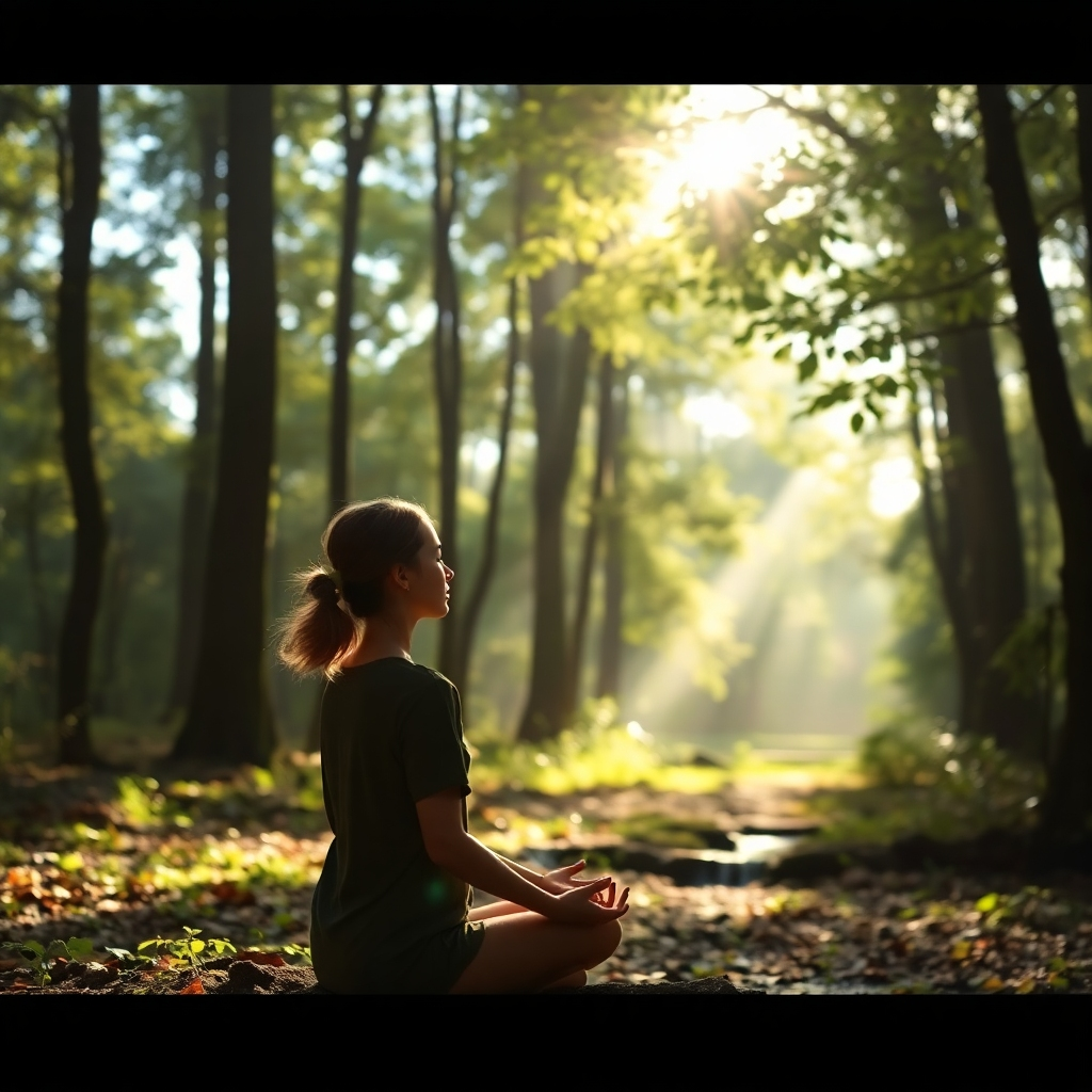 A photorealistic image of a person meditating in a serene forest. Sunlight filters through the trees, creating dappled patterns on the forest floor. The person's eyes are slightly open, gazing into the distance with a sense of peaceful awareness. The air is filled with the sounds of nature – birdsong, rustling leaves, and flowing water.