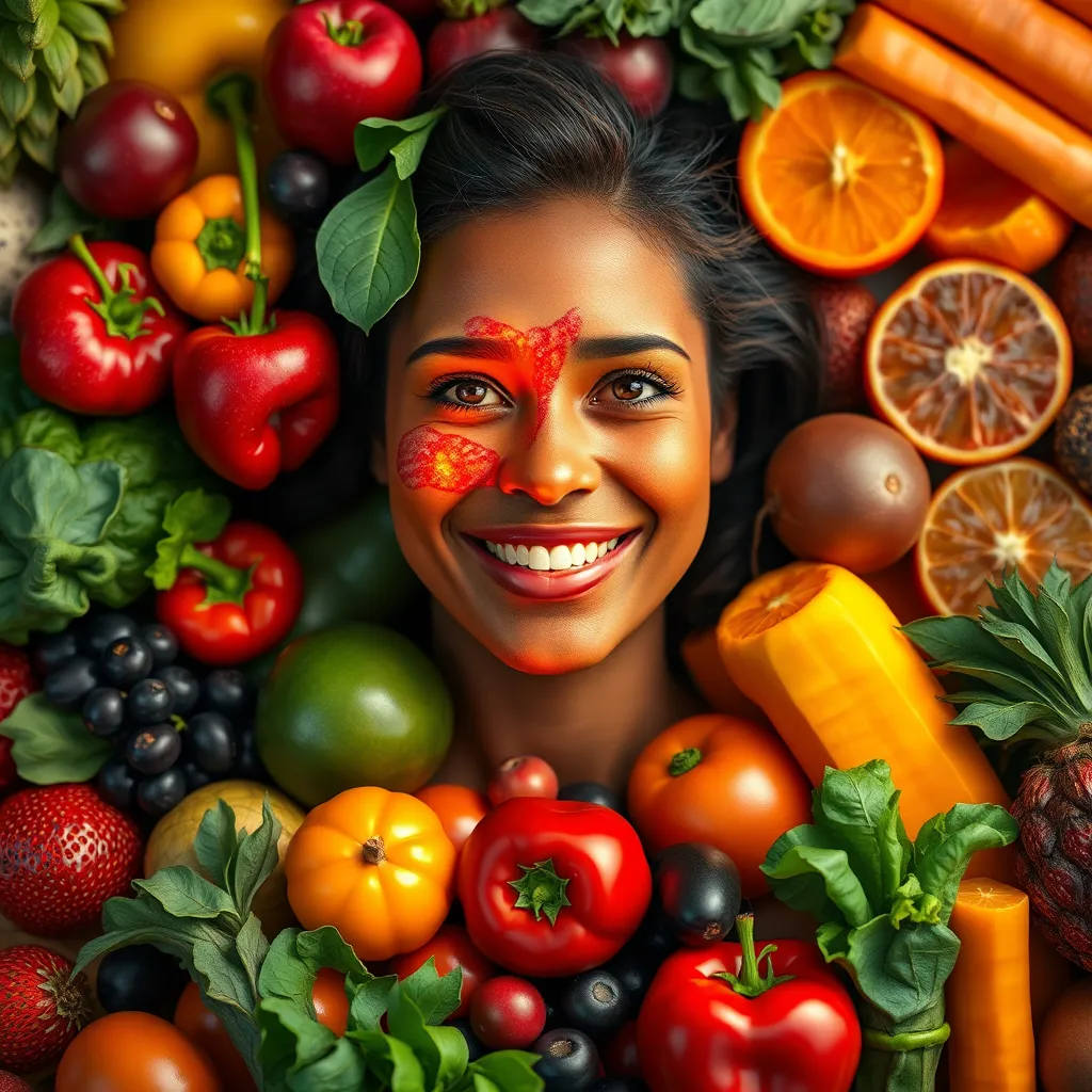 A photorealistic image of a person with a healthy glow, surrounded by a variety of fruits and vegetables, all bursting with vibrant colors. The image should convey a sense of energy, vitality, and the benefits of antioxidants.