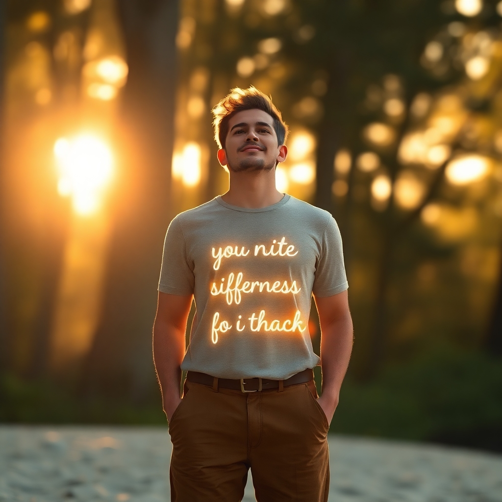 A photorealistic image of a person standing tall and confident, radiating self-assurance.  A soft, golden light shines on them, and positive affirmations subtly appear as glowing particles surrounding them. The background should be a calming, nature-inspired setting, such as a sunlit forest or peaceful beach.