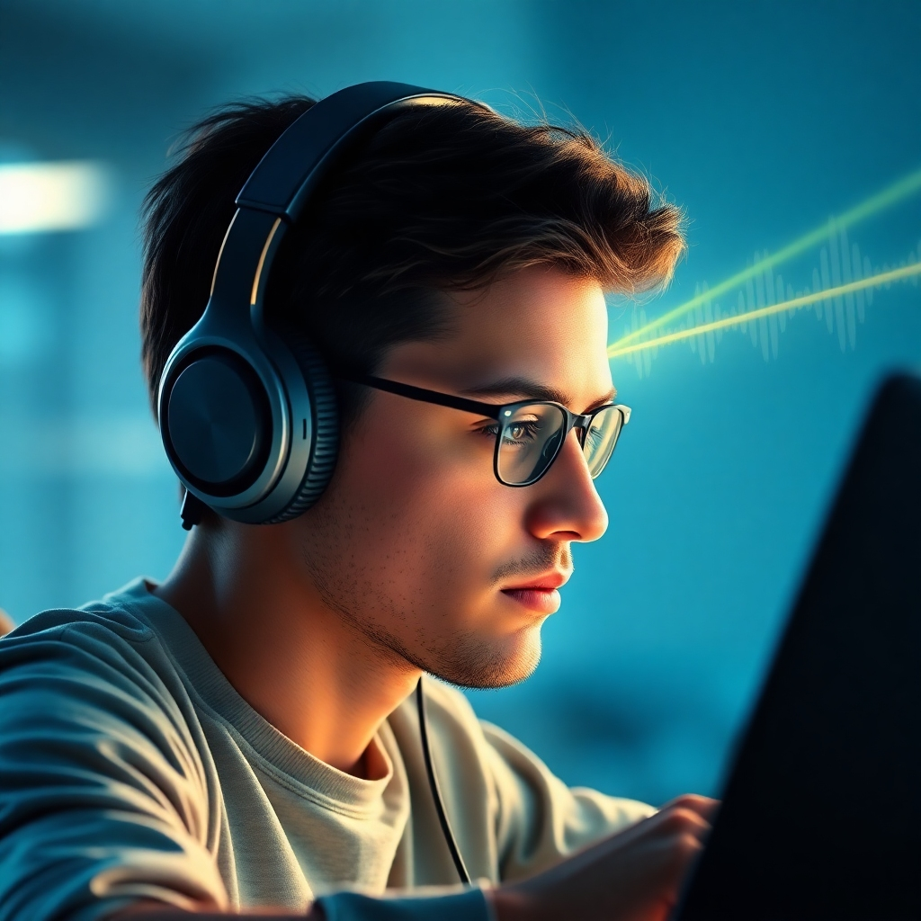 A photorealistic image of a person completely immersed in their remote work, listening to headphones. The 528Hz frequency is visualized as a gentle wave of sound emanating from the headphones, enveloping the person's mind and promoting intense focus. Subtle visual cues, like a laser beam or a magnifying glass, are incorporated to enhance the sense of concentration and precision. The lighting should be bright and clear, with a focus on highlighting the person's face and the surrounding environment. The color palette should be stimulating and energizing, using a mix of blues, greens, and yellows to create a sense of alertness and focus.