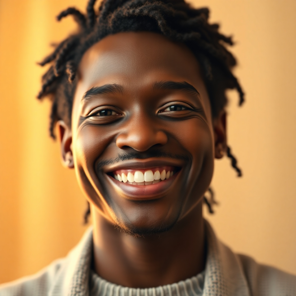 A photorealistic image of a person smiling confidently, radiating self-assurance, with a subtle, glowing aura around them, symbolizing inner strength and positivity. The background should be soft and blurred, focusing attention on the person's radiant expression. The lighting should be warm and inviting.