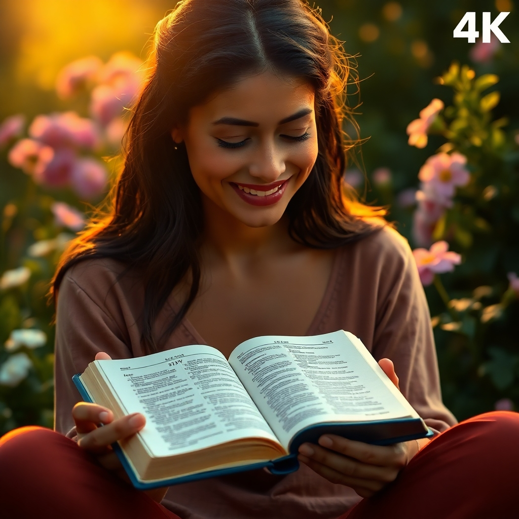 A photorealistic image of a person meditating with a KJV Bible in their lap. The person is bathed in soft, golden light, and a gentle smile is on their face. The background is a peaceful garden scene with blooming flowers and lush greenery. The overall tone is serene and hopeful. 4K Resolution.