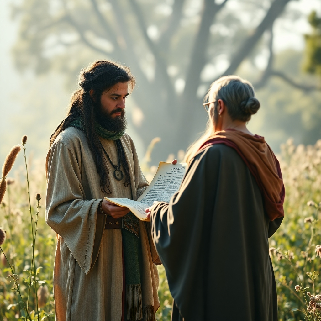 A photorealistic image of a person guiding someone about dietary practices. The guide should be using ancient scrolls and should be explaining biblical guidelines about the Genesis diet. The environment should be one filled with positive and holistic energy. The style should be photorealistic and in 4K.