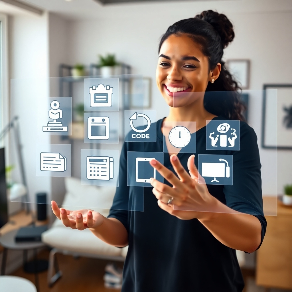 A photorealistic image of a person confidently using different tools on a holographic screen. These tools represent various skills, such as coding, design, and project management. The person is smiling and engaged in their work. The background is a modern and stylish home office. Style: Tech-focused and empowering. Camera angle: Close-up of the person interacting with the holographic screen.