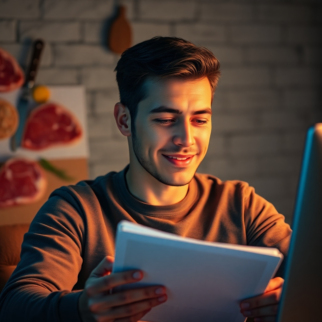 A photorealistic image of a person feeling energized and focused, possibly engaged in a mentally stimulating activity like reading or working on a computer. The background should subtly feature various cuts of red meat and healthy fats, conveying a sense of sustained energy and vitality.  The person should radiate confidence and well-being.