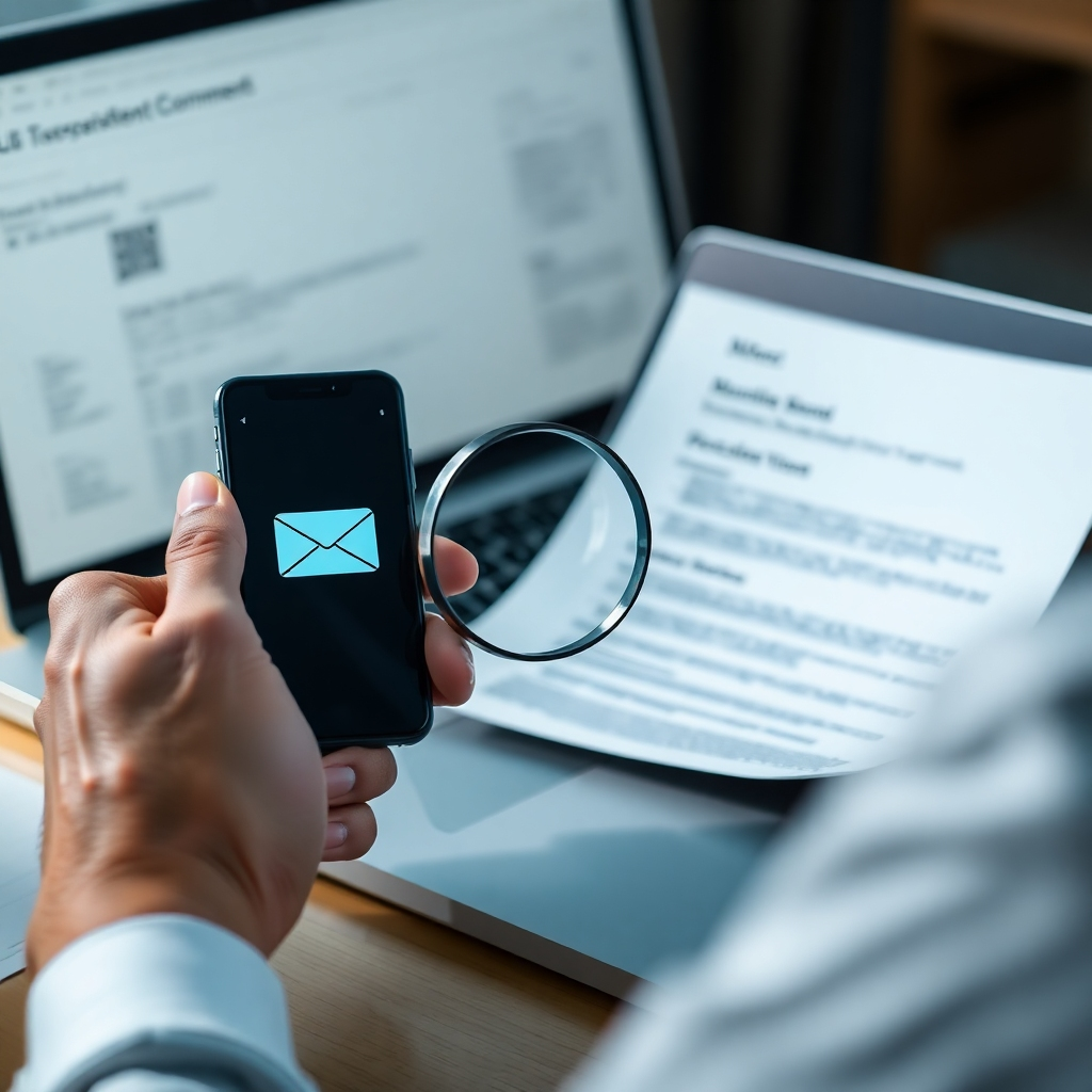 A photorealistic image of a person carefully reviewing documents on a laptop, with a magnifying glass in hand, while a phone displays a suspicious email, emphasizing careful scrutiny and verification.