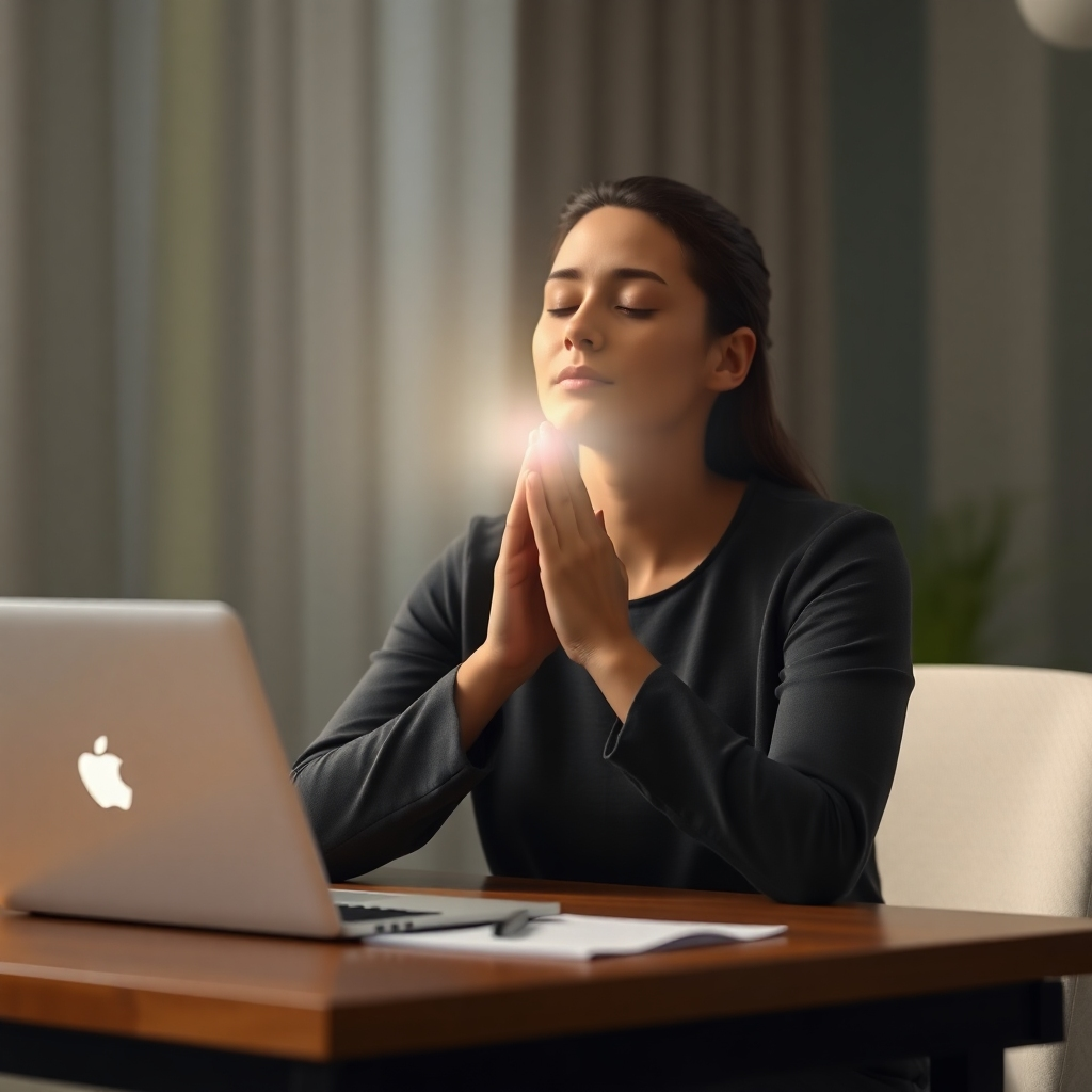A photorealistic image of a person sitting peacefully at a desk with a laptop, a soft light illuminating their face.  Their hands are gently clasped, and a subtle glow emanates from them, symbolizing inner peace and positive energy. The background is blurred, suggesting a calming environment. The overall mood is serene and hopeful.