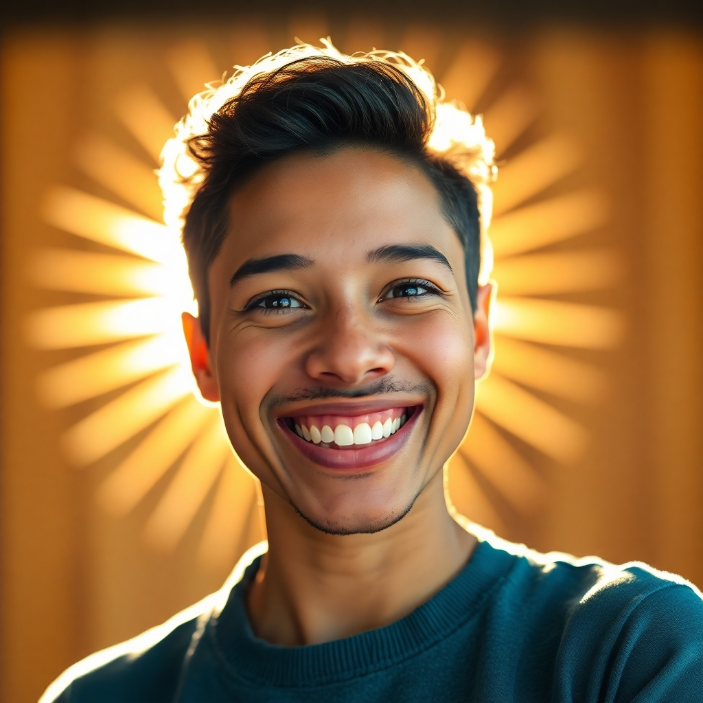 A photorealistic image of a person smiling confidently, with a sunburst effect behind them, symbolizing inner radiance and self-assuredness. The overall mood should be uplifting and empowering, showcasing a feeling of self-acceptance and self-love. The person should be looking directly at the camera with a genuine, happy expression. The background should be slightly blurred to focus attention on the person. The lighting should be bright and natural.