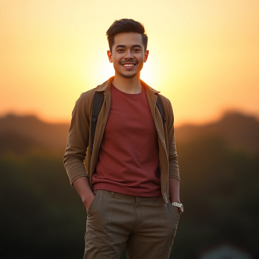 A photorealistic image of a person standing tall and confident, radiating inner strength and self-belief.  The background should be a soft, blurred sunrise or sunset, symbolizing new beginnings and hope. The person should be smiling subtly, with a determined expression, and dressed in attire that reflects their personal style and confidence. The lighting should be natural and warm, enhancing the overall feeling of positivity and self-assurance.