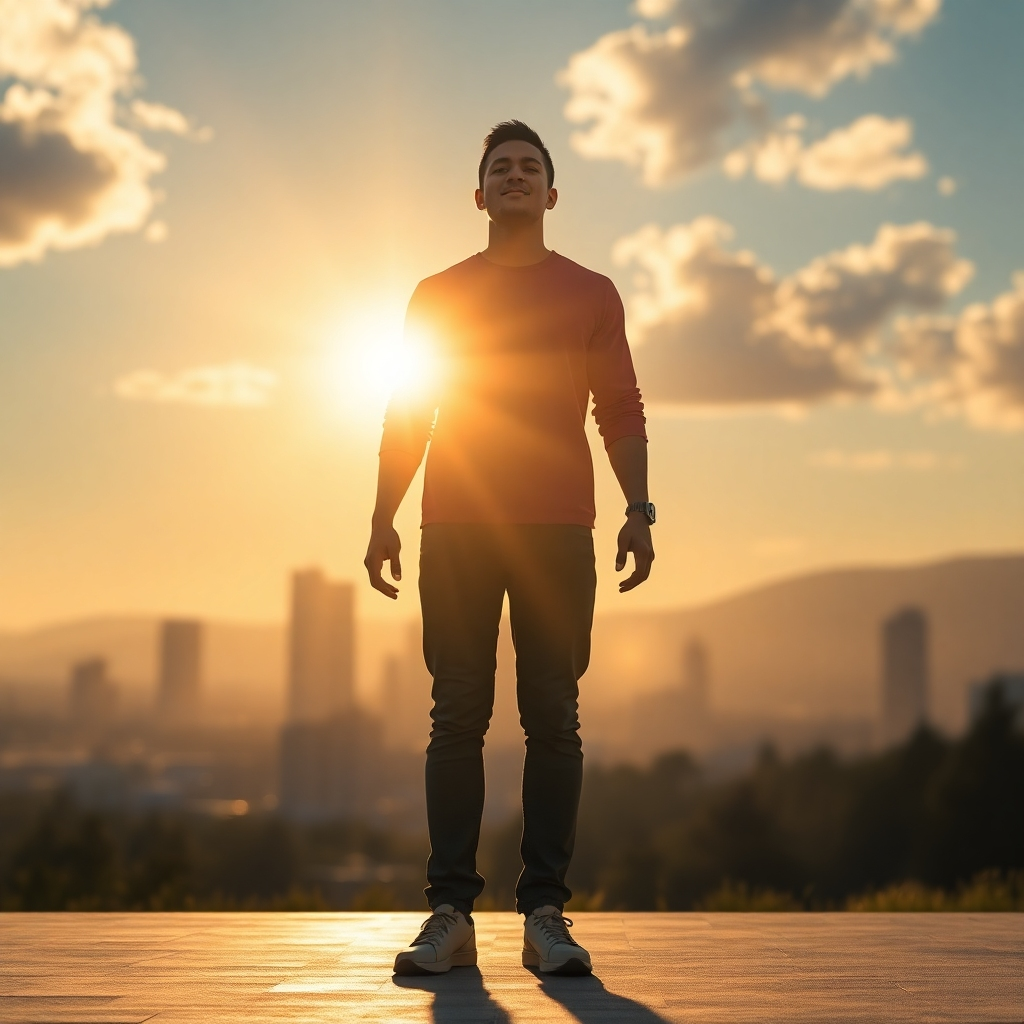 A photorealistic image of a person standing tall and confident, radiating a golden light, with positive affirmations subtly visible as glowing particles surrounding them, set against a backdrop of a cityscape or a natural landscape that conveys a sense of success and accomplishment.